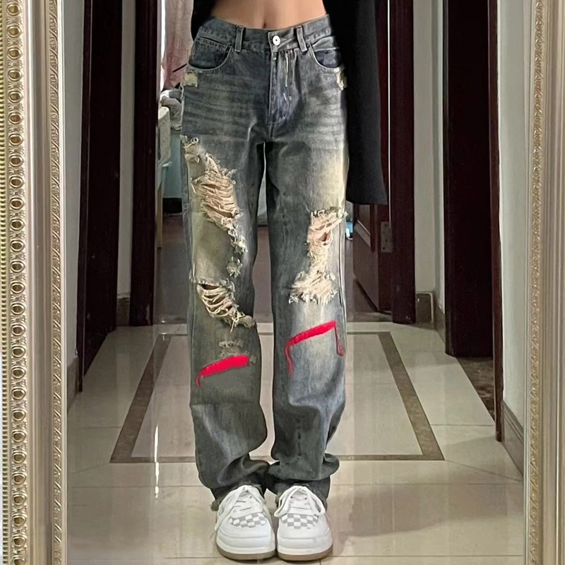 Harajuku Hole Jeans Streetwear Fashion Wide Leg Pants for Women High Waist Straight Trousers Vintage Korean Hip-hop 